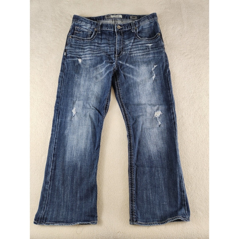 BKE Buckle Tyler Straight Leg Jeans Mens 36R Blue Distressed Whisker Denim